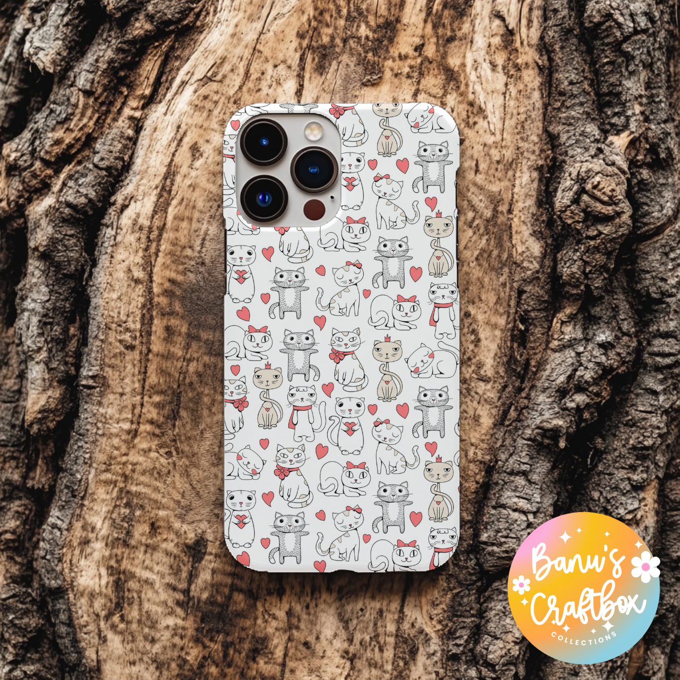 Cute Cat Phone Case, Cat Lover iPhone Case with Hearts Pattern, Aesthetic Kitty 2 in 1 Phone Cover, Gift for Cat Moms, Pet Lovers Collection