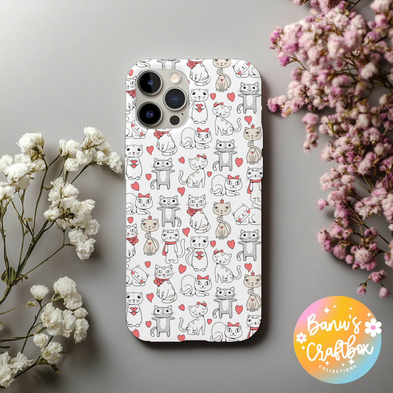 Cute Cat Phone Case, Cat Lover iPhone Case with Hearts Pattern, Aesthetic Kitty 2 in 1 Phone Cover, Gift for Cat Moms, Pet Lovers Collection